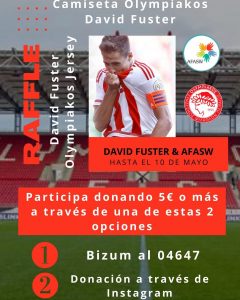 Sorteo solidario de una camiseta del Olympiakos. Gran iniciativa solidaria de David Fuster para recaudar fondos destinados a encontrar una cura para el Síndrome de Wolfram.