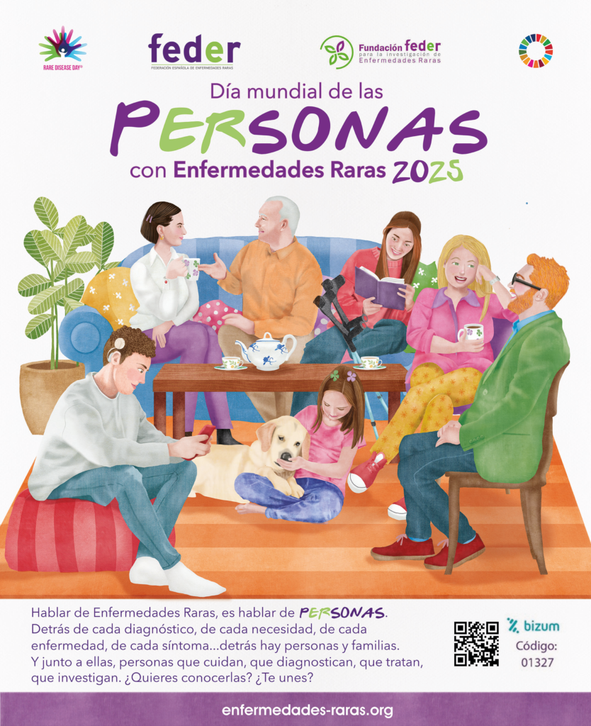 Imagen del cartel de FEDER por el Día Mundial de las personas con Enfermedades Raras 2025. El cartel muestra a varias personas con distintas discapacidades.